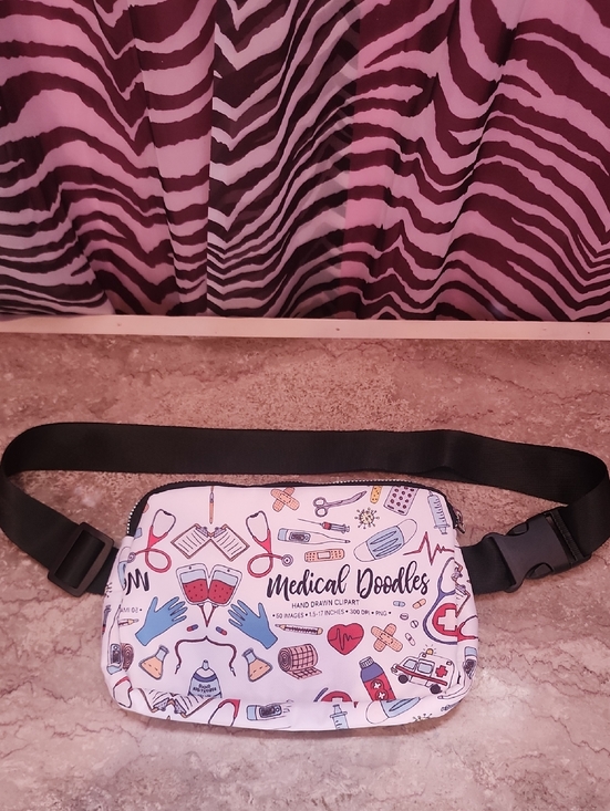 Handbags - Medical Doodles Print Waist Bag - White with Red & Blue Accents
